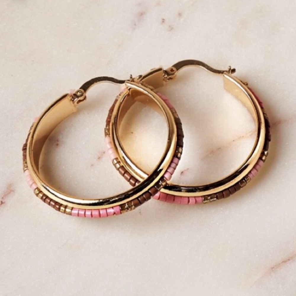 Pretty Gold Toned Boho Chic Pink and Brown Beaded Hoop Earrings